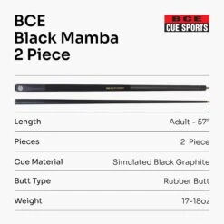 BCE BCE Christophe Lambert Exclusive BLACK MAMBA English 8 Ball Pool Cue - 8.5mm Tip -Billiards Shop Black Mamba 7
