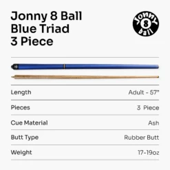 Jonny 8 Ball Jonny 8 Ball TRIAD 57 Inch 3 Piece Snooker Pool Cue 9.5mm Tip - Shorten To 39 Inch -Billiards Shop Blue Triad 8