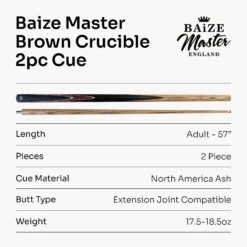 Baize Master Baize Master CRUCIBLE 57 Inch 2 Piece Centre Joint Ash Snooker Pool Cue With 9.5mm Tip + Mini Butt Extension -Billiards Shop Brown 8 2pc