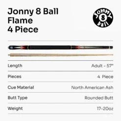 Jonny 8 Ball Jonny 8 Ball 57 Inch Adjustable 4 Piece Pool Cue 8mm Tip - Shorten To 45 Inch -Billiards Shop Flame 7