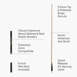 Baize Master Baize Master 3/4 CRUCIBLE Hand Spliced 57 Inch Ash Snooker Pool Cue With 9.5mm Tip + Mini Butt Extension -Billiards Shop Green53Q