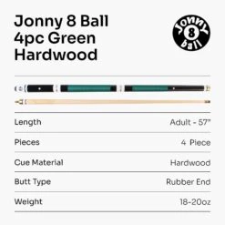Jonny 8 Ball Jonny 8 Ball 4 Piece Hardwood Length Adjustable Snooker Pool Cue + 4 X 11mm Screw Tips -Billiards Shop Green7