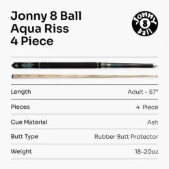 Cue + Case Jonny 8 Ball AQUA RISS 57 Inch 2 Piece Centre Joint English Pool Cue With 8.5mm Elk Master Tip -Billiards Shop J8B AR 7