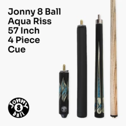 Cue + Case Jonny 8 Ball AQUA RISS 57 Inch 2 Piece Centre Joint English Pool Cue With 8.5mm Elk Master Tip -Billiards Shop J8B AR 8