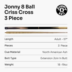 Jonny 8 Ball Jonny 8 Ball 57 Inch 3 Piece Length Adjustable Snooker Pool Cue 9mm Tip - Shorten To 44" -Billiards Shop J8B CRISS CROSS 7