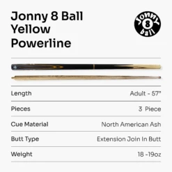 Jonny 8 Ball Jonny 8 Ball 57 Inch 3 Piece Length Adjustable Snooker Pool Cue 9mm Tip - Shorten To 44" -Billiards Shop J8B YELLOW POWERLINE 7