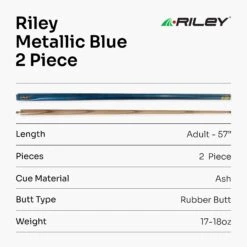 Riley Riley METALLIC BLUE 57 Inch 2 Piece Snooker Pool Cue & Plain Black HARD CASE 9.5mm Tip -Billiards Shop MetallicBlue7