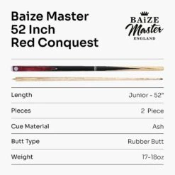 Baize Master Baize Master CONQUEST 52 Inch 2 Piece Junior Snooker Pool Cue With 9.5mm Tip -Billiards Shop Red8unb