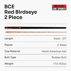 BCE BCE Red Birds Eye Two Piece Ash Snooker Pool Cue - 9.5mm Tip -Billiards Shop RedBirdsEye7