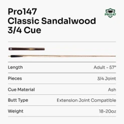 PRO147 PRO147 CLASSIC SANDALWOOD 3/4 Premium Snooker Pool Cue 9.5mm Tip + 6 Inch Wooden Mini Butt -Billiards Shop Sandal 7