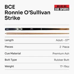 Riley Riley Ronnie O'Sullivan STRIKE 57 Inch 2 Piece Centre Joint Snooker Pool Cue 9.5mm Tip -Billiards Shop Strike 7